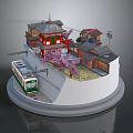 Cartoon Scene of Traditional Buildings with Cherry Blossom Tree Tram and Railway Track on Round Platform