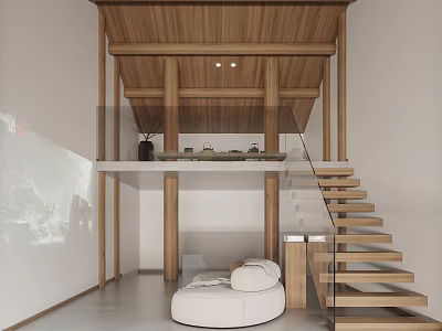 Duplex Living Room Interior With Wooden Ceiling Pillars Glass Railed Staircase And White Round Sofa 3d model