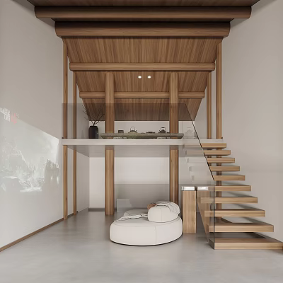 Duplex Living Room Interior With Wooden Ceiling Pillars Glass Railed Staircase And White Round Sofa 3d model