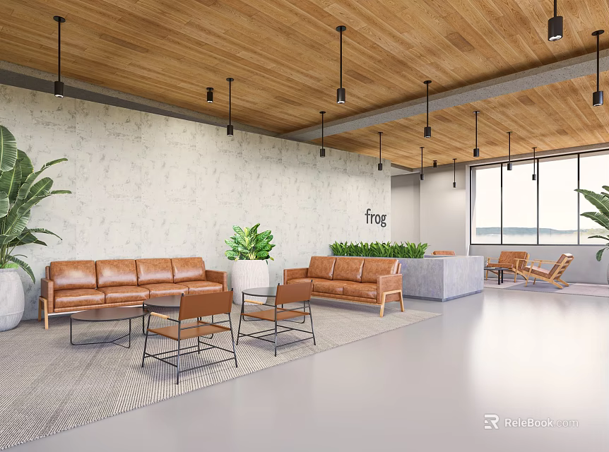 Modern Comfortable Lounge Area Interior With Brown Leather Sofas Accent Chairs And Green Plants 3d model 
