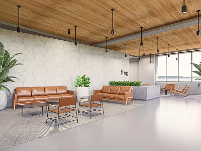Modern Comfortable Lounge Area Interior With Brown Leather Sofas Accent Chairs And Green Plants 3d model