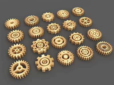 Assorted Golden Gears As Hardware Tools For Mechanical Projects And Displays 3d model
