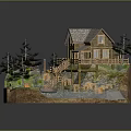 Rustic Log Cabin With Wooden Deck Stairs Pine Trees And Stream In Natural Setting