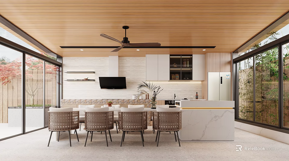 Modern Restaurant Interior With Wooden Ceiling Ceiling Fan Open Kitchen Marble Island And Dining Chairs 3d model 