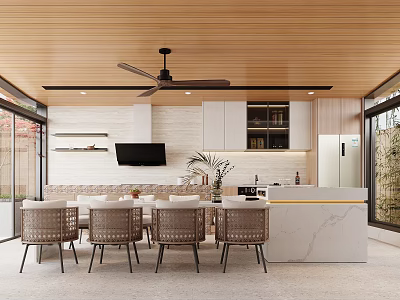 Modern Restaurant Interior With Wooden Ceiling Ceiling Fan Open Kitchen Marble Island And Dining Chairs 3d model
