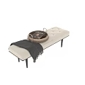Beige Tufted Sofa Bench With Black Legs Woven Tray And Fringed Blanket