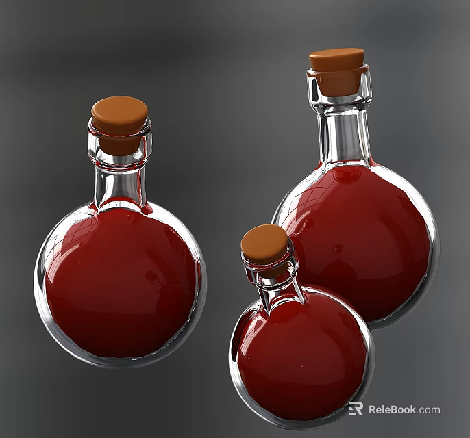 Transparent Glass Spice Bottles Containing Red Liquid With Brown Cork Stoppers 3d model 