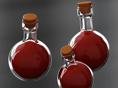 Transparent Glass Spice Bottles Containing Red Liquid With Brown Cork Stoppers 3d model
