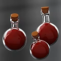 Transparent Glass Spice Bottles Containing Red Liquid With Brown Cork Stoppers