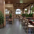 Restaurant Interior Design With Arched Windows Wooden Columns Pendant Lights And Green Plants
