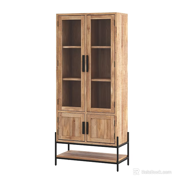Modern Wooden Bookcase With Glass Panel Doors Metal Frame And Open Shelves 3d model 