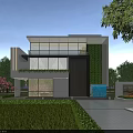 Modern Detached Villa Exterior Design With Large Glass Windows Greenery Lawn And Driveway
