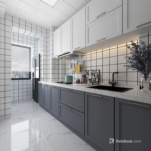 Modern Kitchen Interior With White Upper Gray Lower Cabinets And Tile Backsplash Lighting 3d model