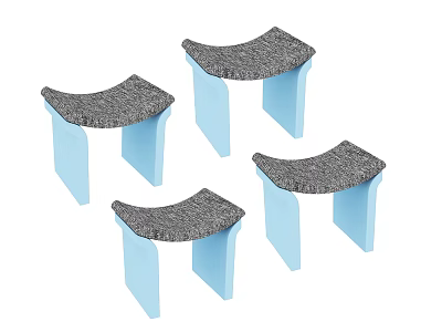 Four Blue Legged Curved Gray Upholstered Stools For Modern Home Decor 3d model