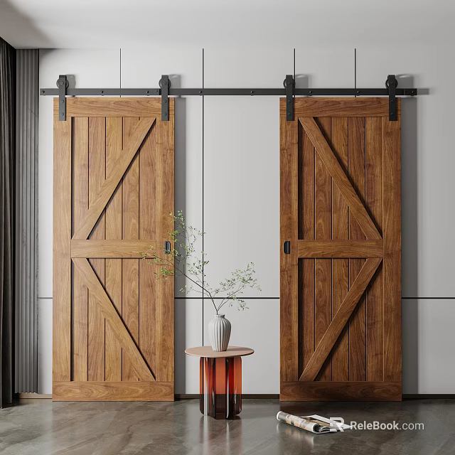 Wooden Barn Doors with Black Sliding Tracks in White Wall Interior Setting 3d model 