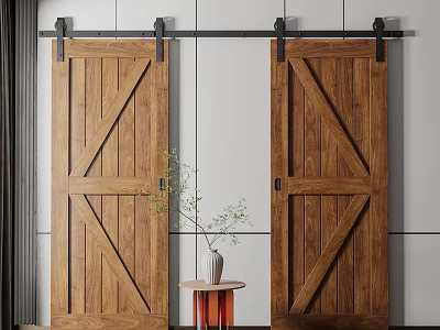 Wooden Barn Doors with Black Sliding Tracks in White Wall Interior Setting 3d model