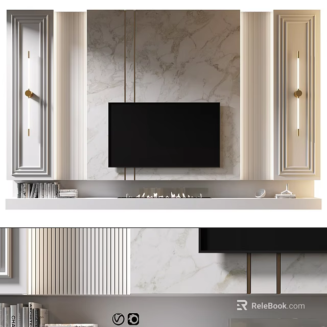 Modern TV Background Wall Design With Marble Panels Decorative Columns And Sleek TV Stand 3d model 