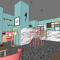 Dessert Shop Interior With Light Blue Walls Pink Chairs Bar Counter And Pendant Lights