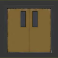 Yellow Building Double Doors With Gray Frame And Two Rectangular Glass Panels