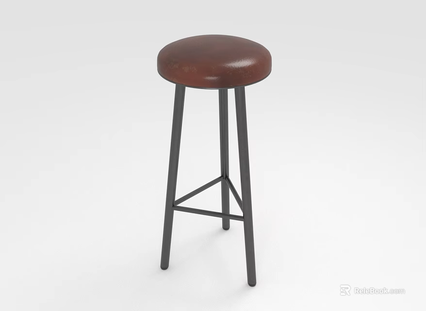 Modern Counter Stool With Brown Leather Seat And Black Metal Legs 3d model 