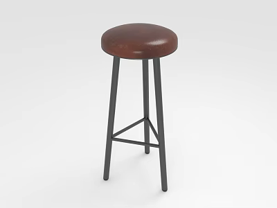 Modern Counter Stool With Brown Leather Seat And Black Metal Legs 3d model