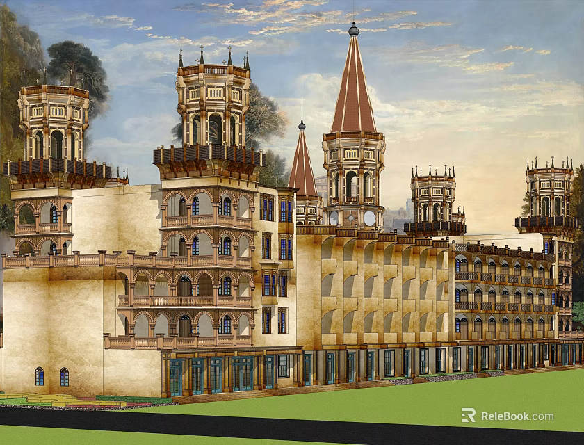 Elegant Homestay Architecture With Multiple Towers Ornate Balconies And Multi story Design 3d model 