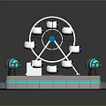 Cartoon Scene With Modern Ferris Wheel On Circular Platform Blue Glowing Lines And Spherical Orbs