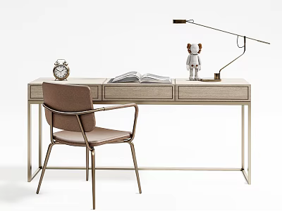 Modern Desk With Chair Alarm Clock Open Books Small Figurine And Table Lamp 3d model