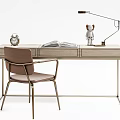 Modern Desk With Chair Alarm Clock Open Books Small Figurine And Table Lamp