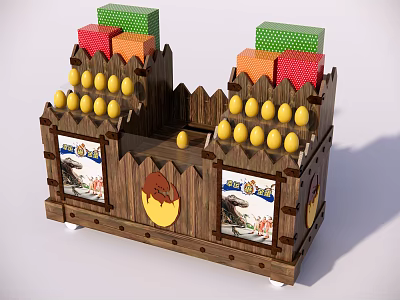 Wooden Commercial Product Display Stand With Yellow Eggs Colorful Boxes And Art Panels 3d model
