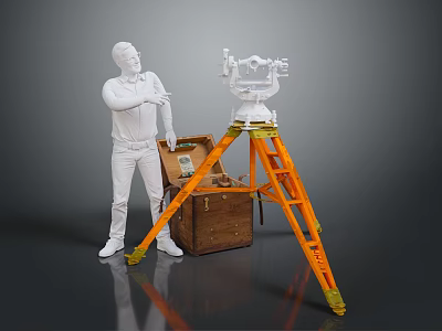 Man Standing By Surveying Instrument On Orange Tripod With Open Wooden Chest 3d model