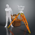 Man Standing By Surveying Instrument On Orange Tripod With Open Wooden Chest