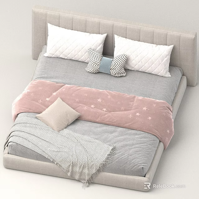 Modern Bedroom Interior With Light Gray Headboard Gray Sheets Pink Star Blanket And Quilted Pillows 3d model 