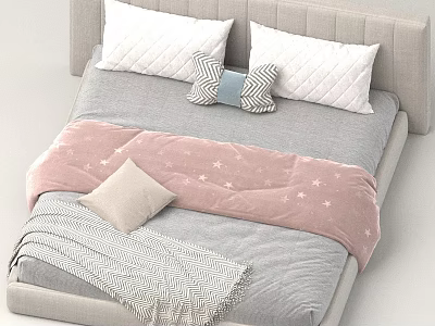 Modern Bedroom Interior With Light Gray Headboard Gray Sheets Pink Star Blanket And Quilted Pillows 3d model
