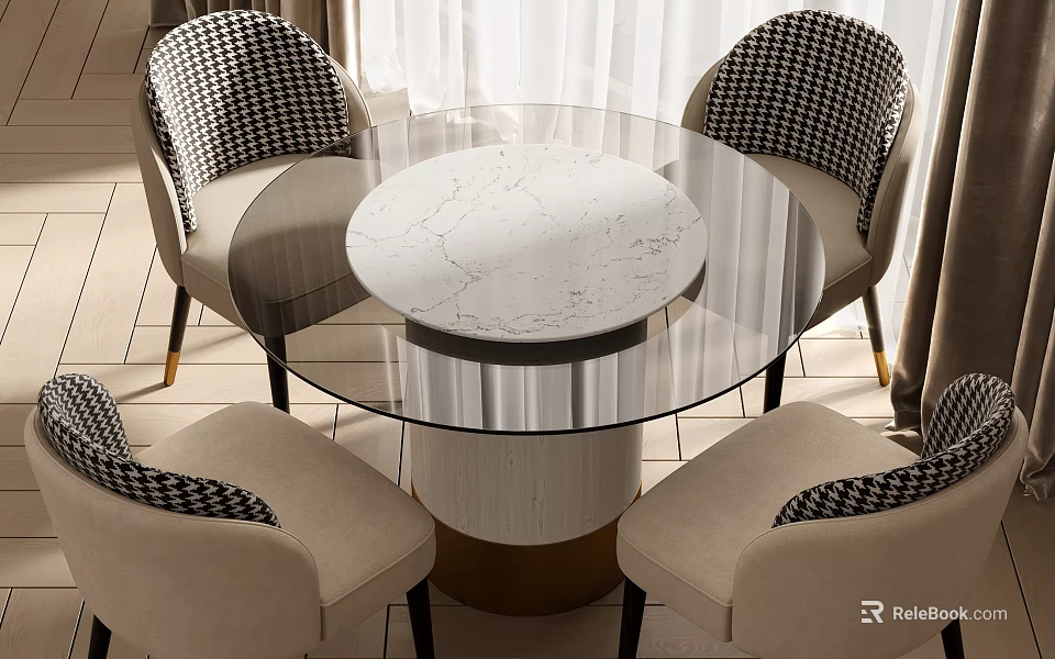 Elegant Round Dining Table Set With Glass Top Marble Accent And Checkered Chairs Gold Legs 3d model 