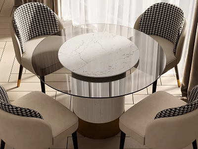 Elegant Round Dining Table Set With Glass Top Marble Accent And Checkered Chairs Gold Legs 3d model