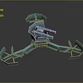 Blue 3D Mechanical Model With Multiple Extended Arms Cannon Like Components And Supportive Structures