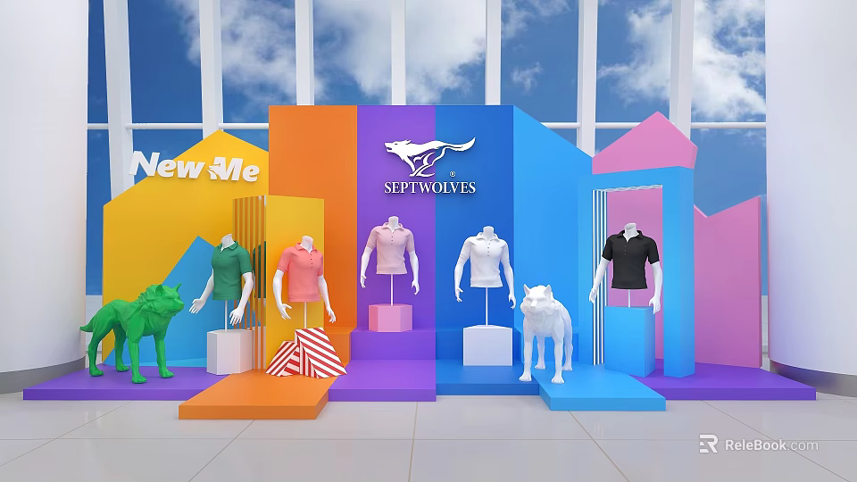 SEPTWOLVES Clothing Display Featuring Colorful Platforms Mannequins Animal Models And New Me Sign 3d model 