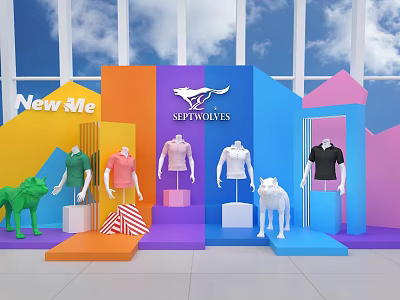 SEPTWOLVES Clothing Display Featuring Colorful Platforms Mannequins Animal Models And New Me Sign 3d model