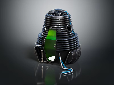Deep Space Probe With Black Cylindrical Body Green Panel And Blue Cables For Cosmic Exploration 3d model