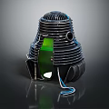Deep Space Probe With Black Cylindrical Body Green Panel And Blue Cables For Cosmic Exploration