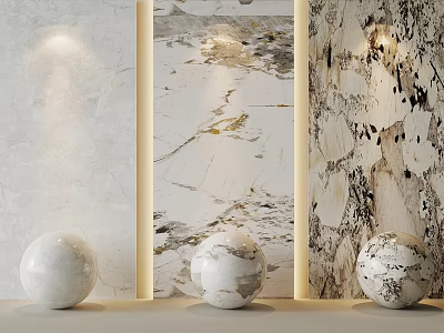 Elegant Marble Feature Wall With Various Textures Golden Lines And Decorative White Marble Spheres 3d model