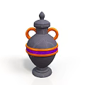 Sculpture Carving of Decorative Gray Vase With Orange Handles And Purple Orange Bands
