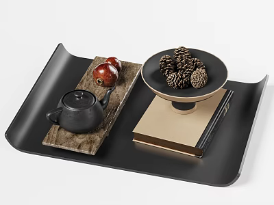 Decorative Ornament Set With Black Teapot Red Apples Pinecone Bowl Beige Notebook On Black Tray 3d model