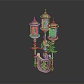 Vintage Style Wall Lamp With Three Glass Lanterns And Ornate Metal Base