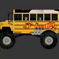 Yellow Monster School Bus With Large Tires Flame Decals And Black White Top