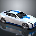 Sleek White And Blue Modern Sports Car With Streamlined Body And Black Wheels