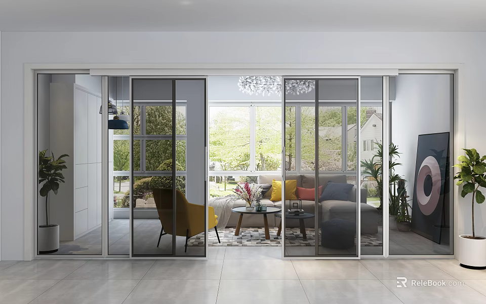 Modern Home Balcony Design With Sliding Glass Doors Cozy Sofa Yellow Chair And Green Plants 3d model 