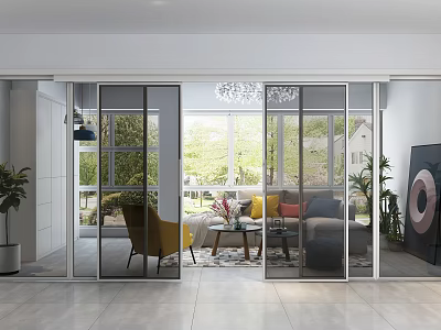 Modern Home Balcony Design With Sliding Glass Doors Cozy Sofa Yellow Chair And Green Plants 3d model