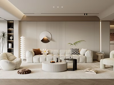 Modern Living Room Interior With White Sofa Round Coffee Table And Decorative Mirror 3d model